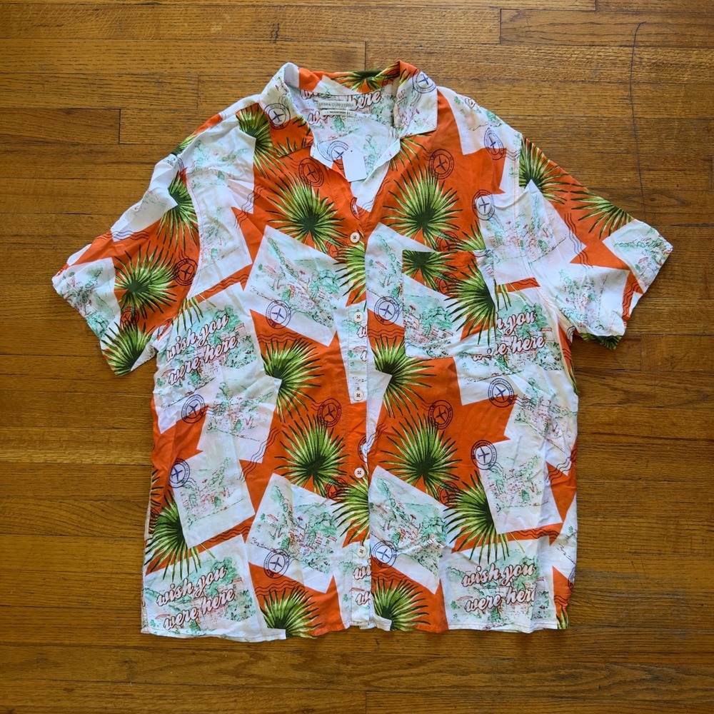 Urban Outfitters Mens‎ Aloha Shirt Palm Tree Orange Wish You Were Here Large